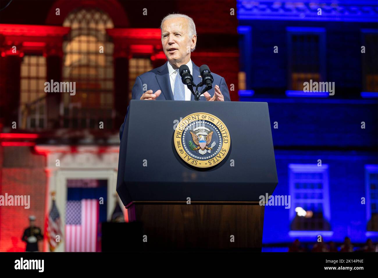 Philadelphia, United States of America. 01 September, 2022. U.S President Joe Biden, delivers a prime time address on threats to democracy to the American people outside historic Independence Hall, September 1, 2022 in Philadelphia, Pennsylvania. Stock Photo