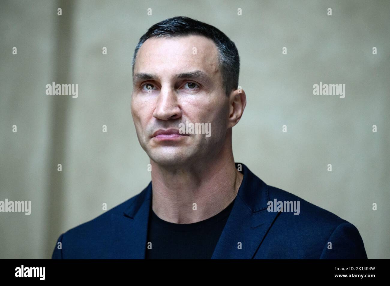 Potsdam, Germany. 15th Sep, 2022. Wladimir Klitschko speaks at a press conference before the M100 Media Awards ceremony during the M100 Sanssouci Colloquium at the Orangery Palace in Sanssouci Park. The M100 Media Award will be presented to the Ukrainian people this year. Klitschko will receive it on behalf of the Ukrainian people. Credit: Bernd von Jutrczenka/dpa/Alamy Live News Stock Photo