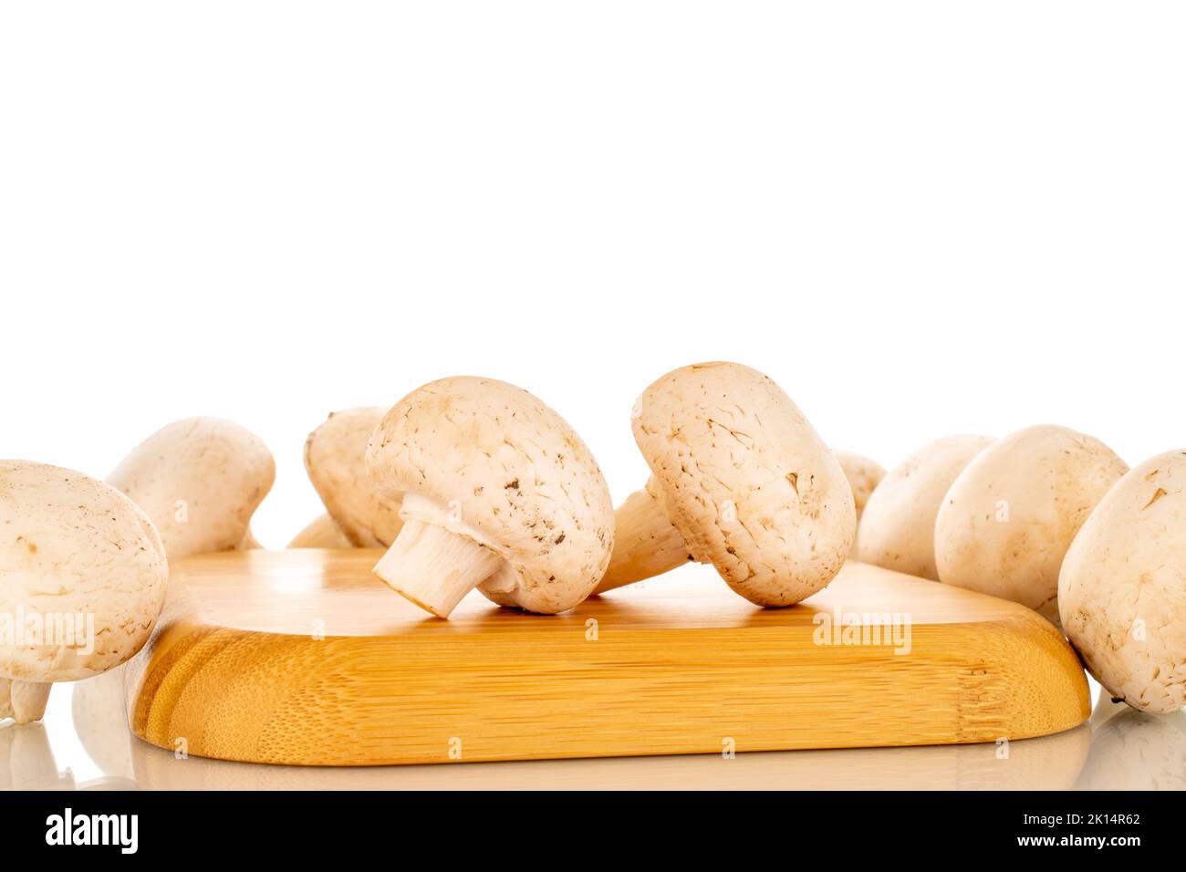 Several fresh mushrooms on a wooden tray, close-up, isolated on a white background. Stock Photo