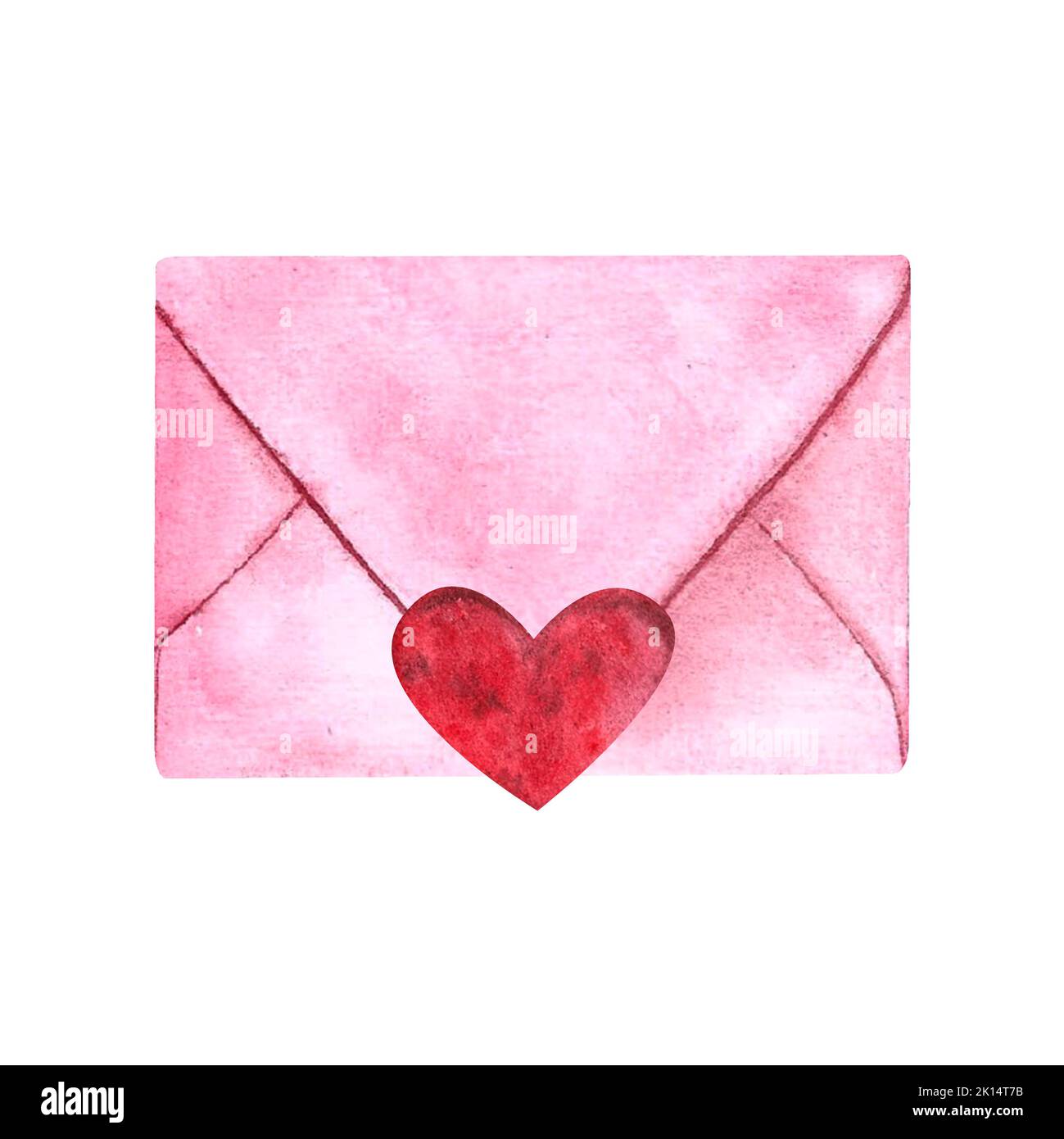 pink love letter with heart watercolor isolated on white background