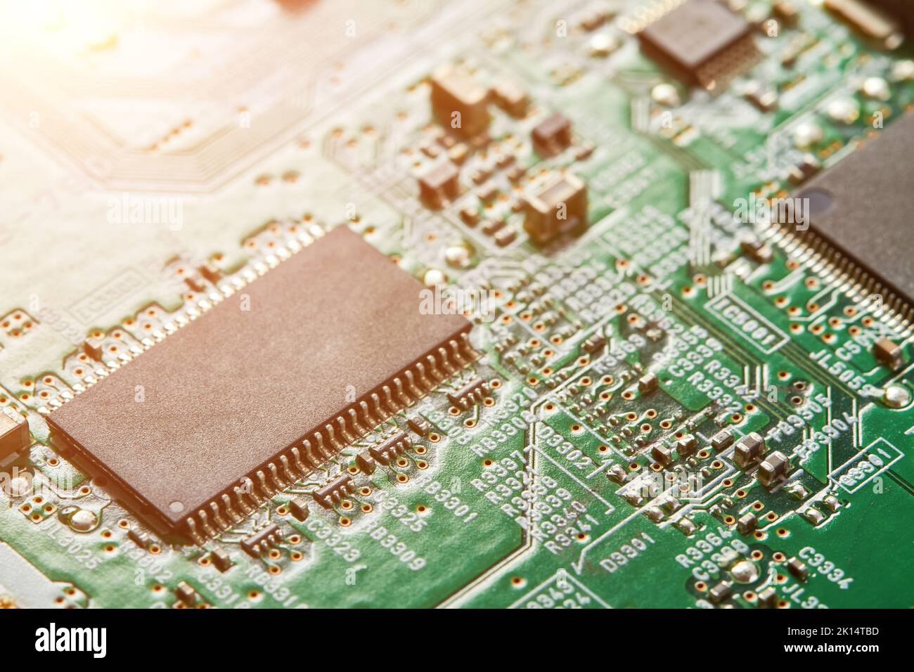 Close-up of computer chip on a part of electronic printed circuit board ...