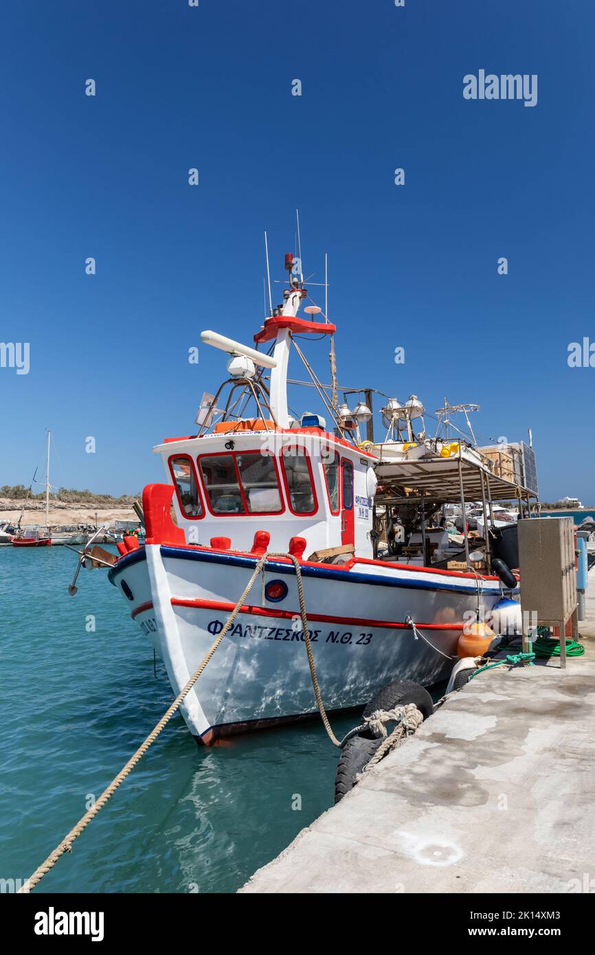 Close up of a colourful traditional Greek fishing boat in Vlichada marina / port, Santorini, Cyclades islands, Greece, Europe Stock Photo