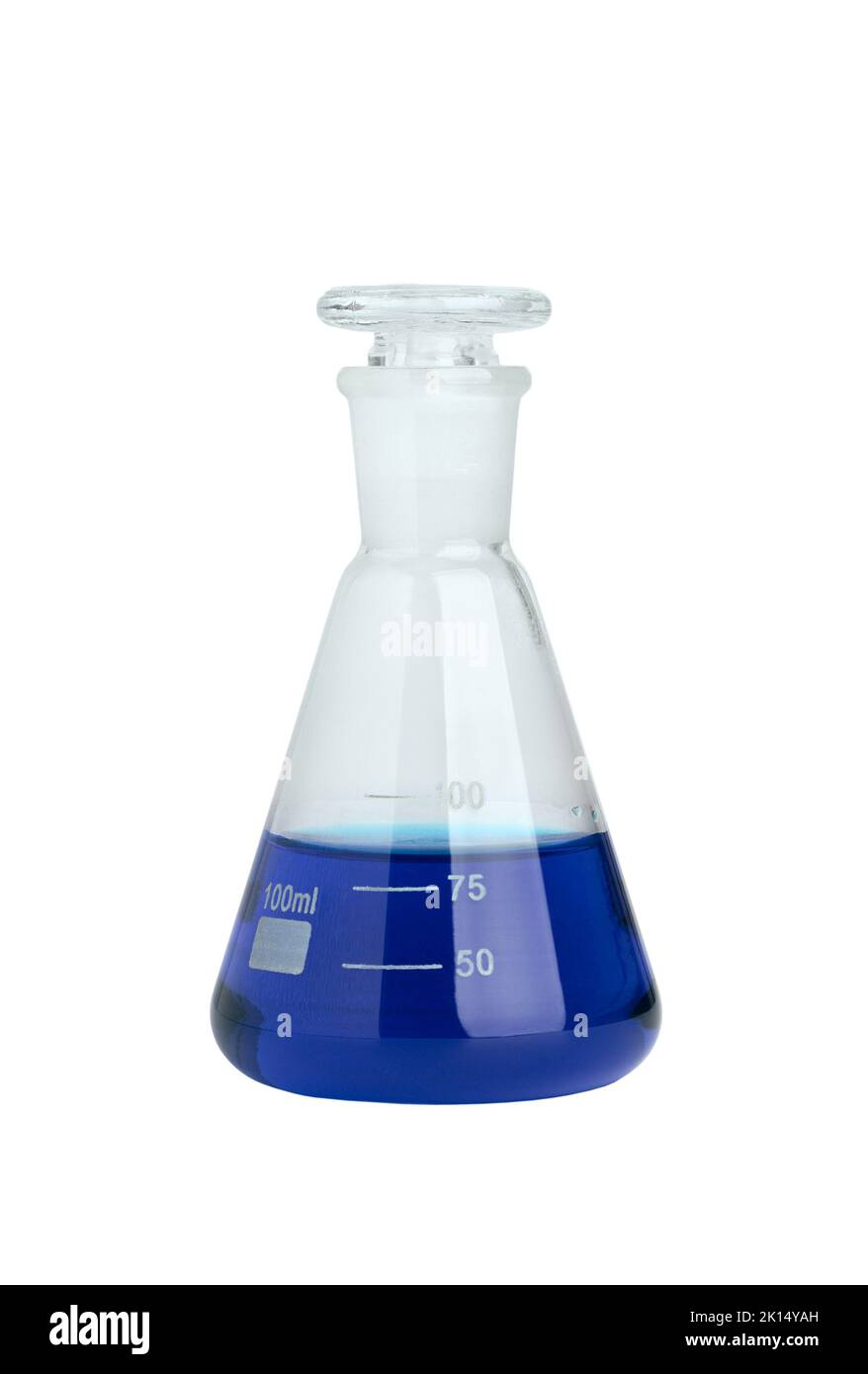 Сonical flask with a blue reagent isolated on a white background, the concept of scientific research in biology and medicine Stock Photo