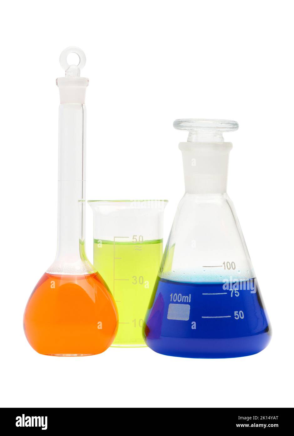 Laboratory conical flasks and beaker with colored liquid reagents isolated on white background
