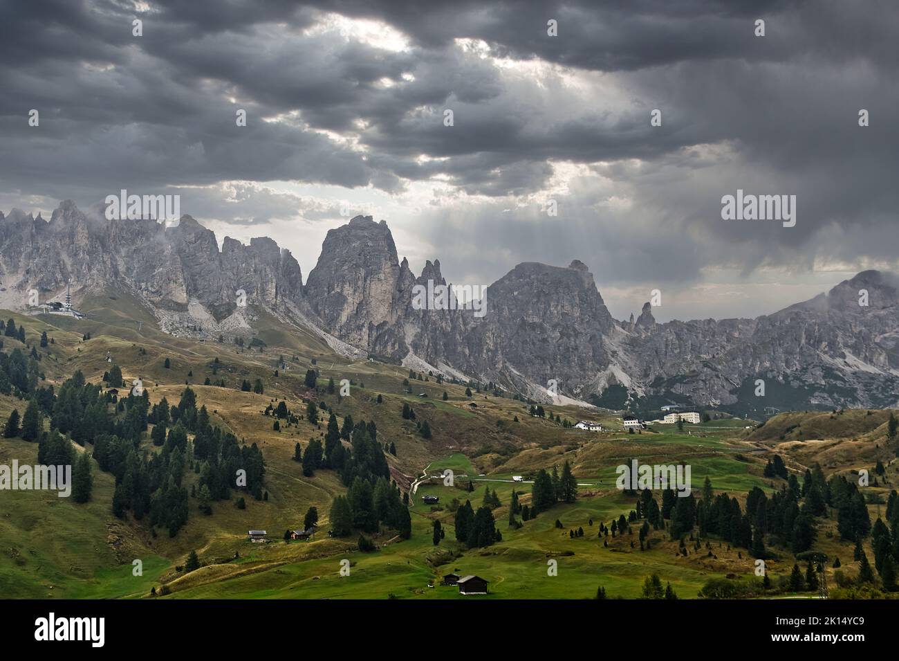 Mountains in Corvara region in Italy with dramatic skies. Stock Photo