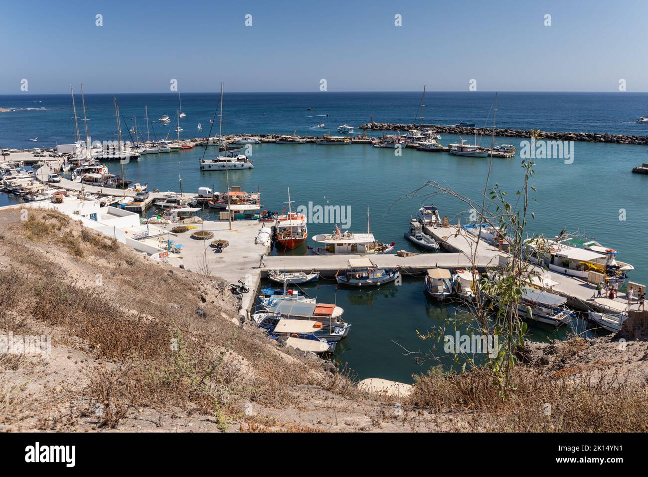 Fishing Boats in Vlichada marina / port, Santorini, Cyclades islands, Greece, Europe Stock Photo