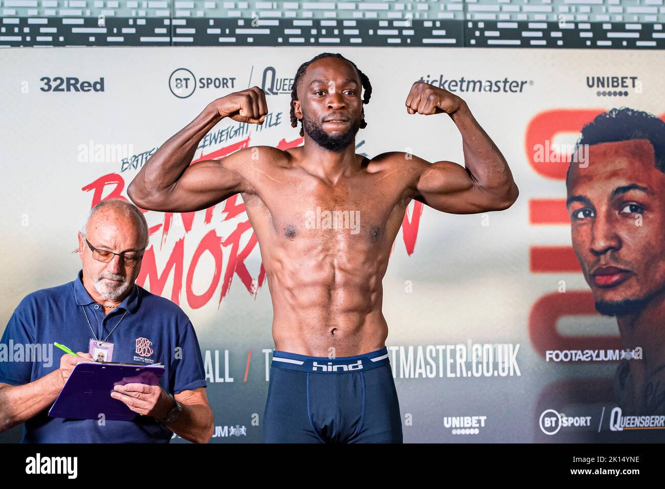 LONDON, UNITED KINGDOM. 15th Sep, 2022. Benzel Bentley during Frank Warren presents Bentley vs Morrison Official Weigh-In at Bethnal Green Town Hall Hotel on Thursday, September 15, 2022 in LONDON (Editorial use only, license required for commercial use. No use in betting, games or a single club/league/player publications.) Credit: Taka G Wu/Alamy Live News Stock Photo