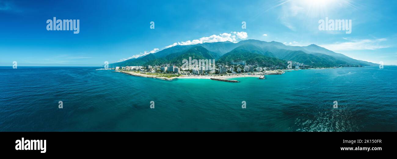 Aerial Panoramic view of Caraballeda de la Costa coastline, Vargas State, Venezuela, Stock Photo