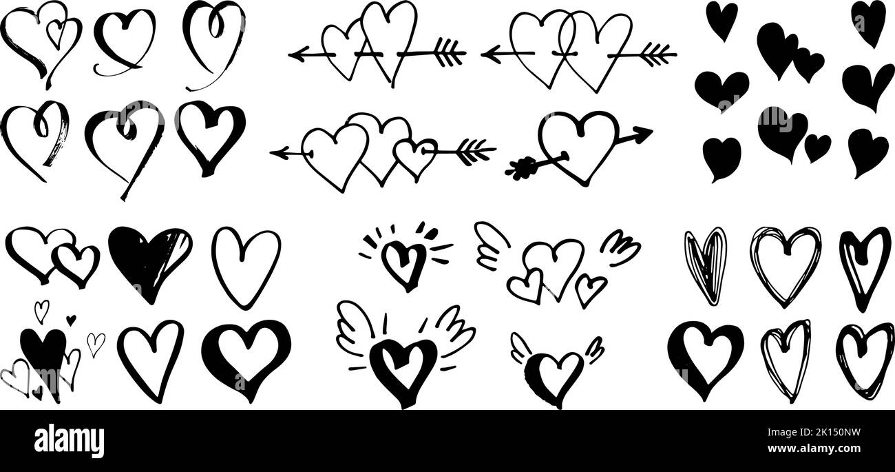 Hand drawn hearts with little wings and pierced with arrow. Symbol of love. Doodle style Valentine's day illustration. Vector. Stock Vector