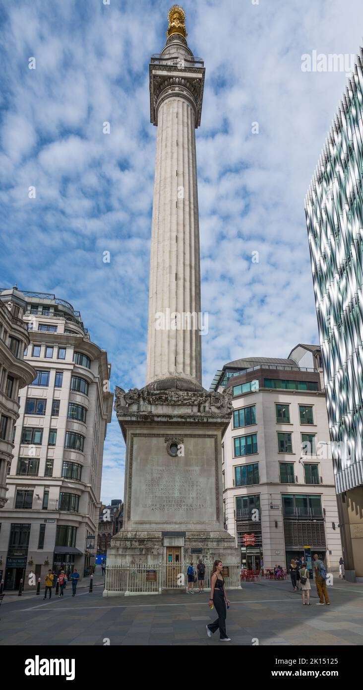 The Monument commemorating the1666 Great Fire of London stands in Monument Square off Fish Street Hill and Monument Street, London, England, UK Stock Photo