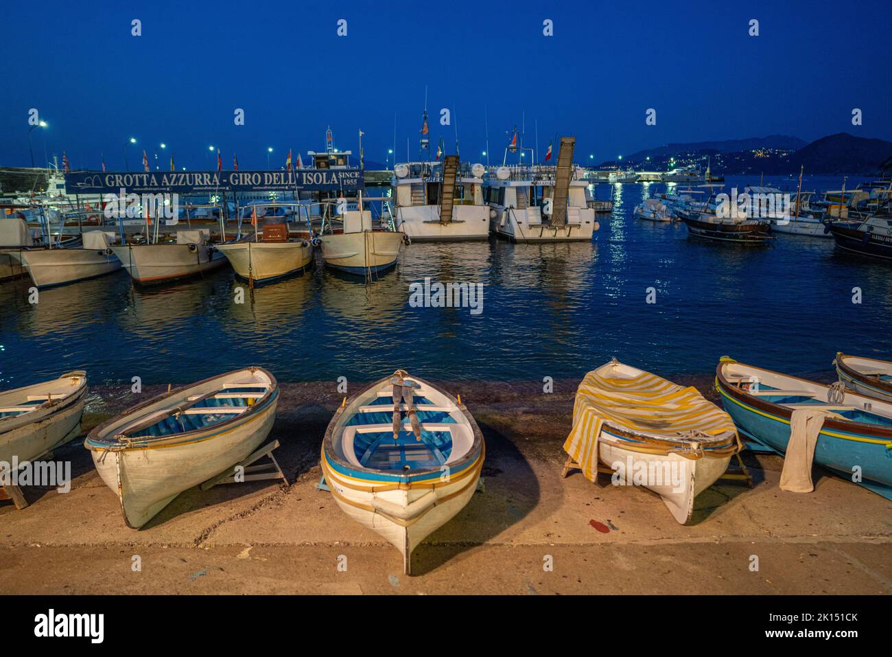 Capri island, the dock of Marina grande by night Stock Photo