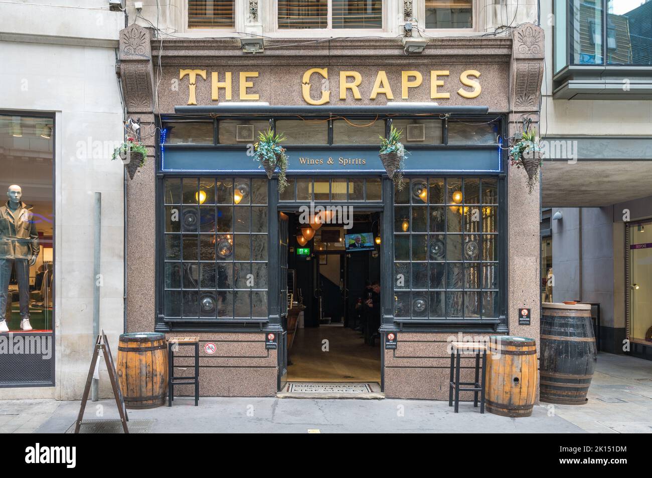 Exterior facade of The Grapes, a traditional pub and restaurant on Lime Street in Leadenhall, City of London, England, UK Stock Photo
