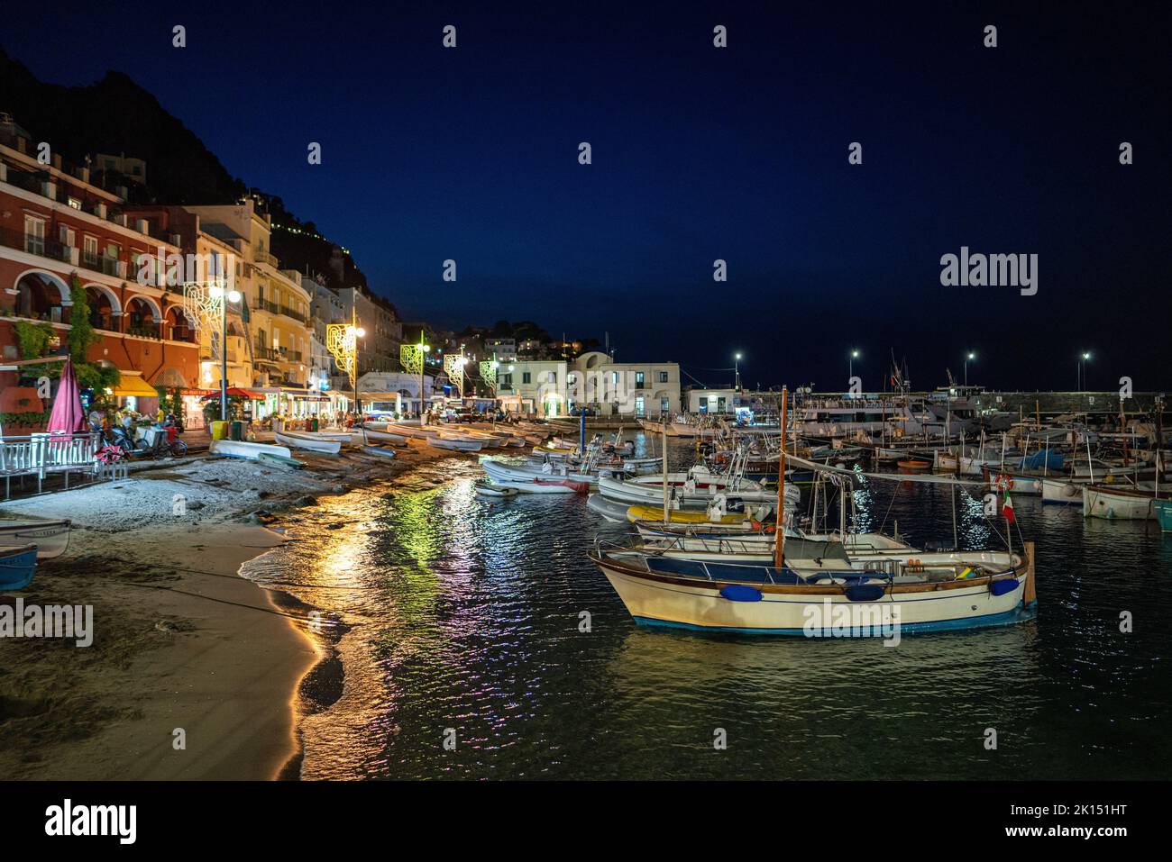 Capri island, the dock of Marina grande by night Stock Photo