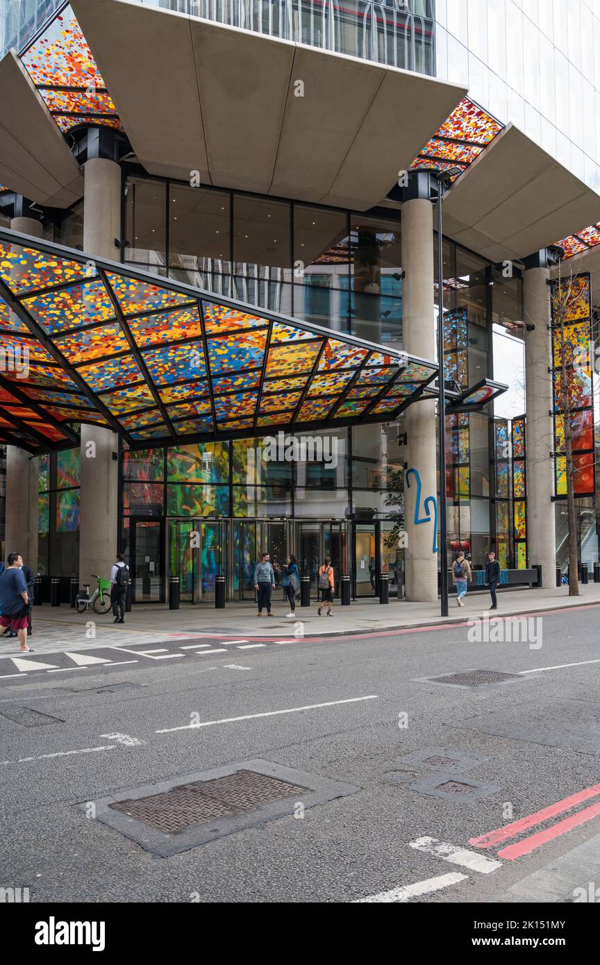 Exterior facade and main entrance with colourful glass canopy at 22 Bishopsgate office building. Bishopsgate, City of London, England, UK. Stock Photo
