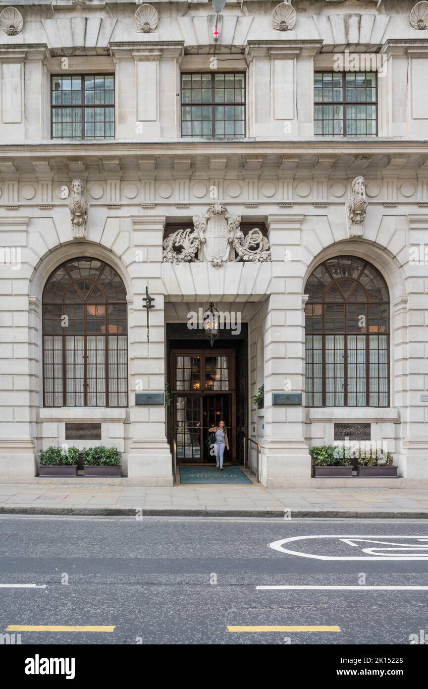 Exterior facade of The Ned, 5 star hotel with a Members Club and Spa on Poultry, City of London, England, UK Stock Photo