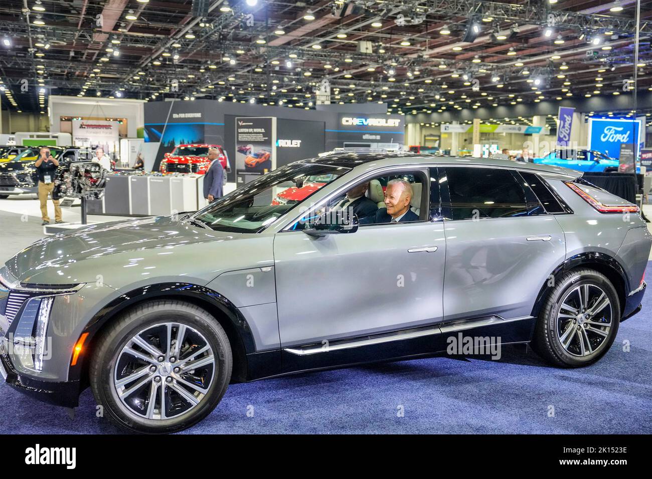 Detroit, United States Of America. 14th Sep, 2022. Detroit, United States of America. 14 September, 2022. U.S President Joe Biden, sits inside the Cadillac Lyriq electric vehicle during a visit to the 2022 North American International Auto Show at Huntington Place Convention Center, September 14, 2022 in Detroit, Michigan. Credit: Adam Schultz/White House Photo/Alamy Live News Stock Photo