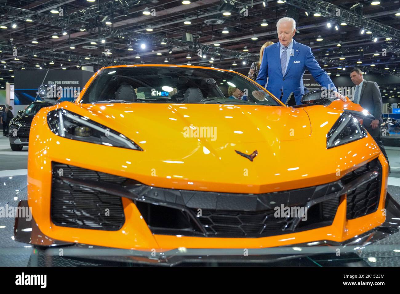Detroit, United States Of America. 14th Sep, 2022. Detroit, United States of America. 14 September, 2022. U.S President Joe Biden, prepares to get into a Chevrolet Corvette Z06 during a visit to the 2022 North American International Auto Show at Huntington Place Convention Center, September 14, 2022 in Detroit, Michigan. Credit: Adam Schultz/White House Photo/Alamy Live News Stock Photo