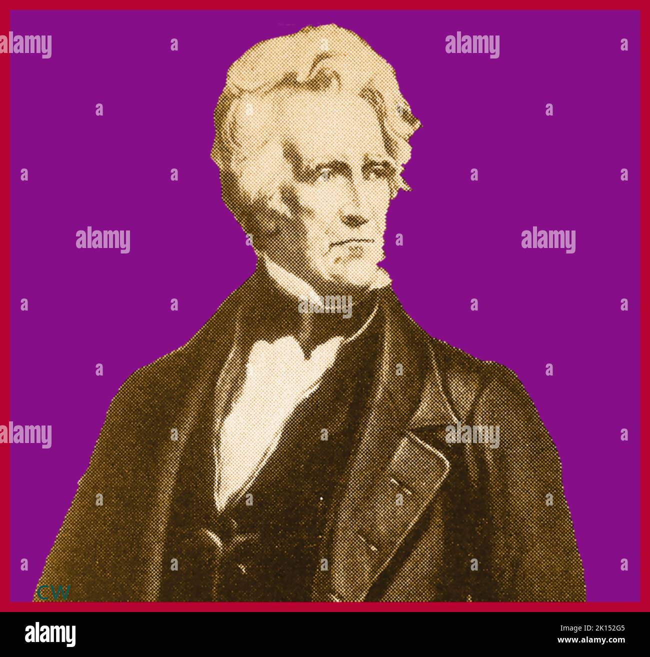 Andrew Jackson ( 1767 –  1845), the seventh president of the United States from 1829 to 1837 was an American lawyer, planter, army general, politician and statesman  who was colloquially referred to 'Old Hickory'. He served as the 1st Federal Military Commissioner of Florida, Justice of the Tennessee Supreme Court.because of his toughness, and Jackson became known as 'Old Hickory' , a term first used by soldiers under his command. Stock Photo