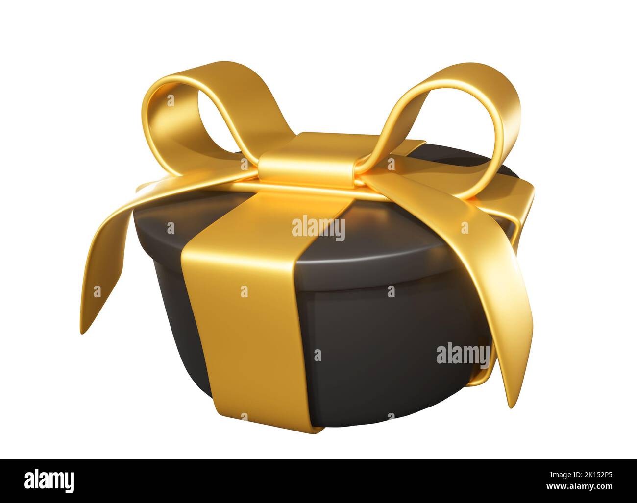 Realistic 3D Gift Black Box and Gold Bow on white. Stock Photo