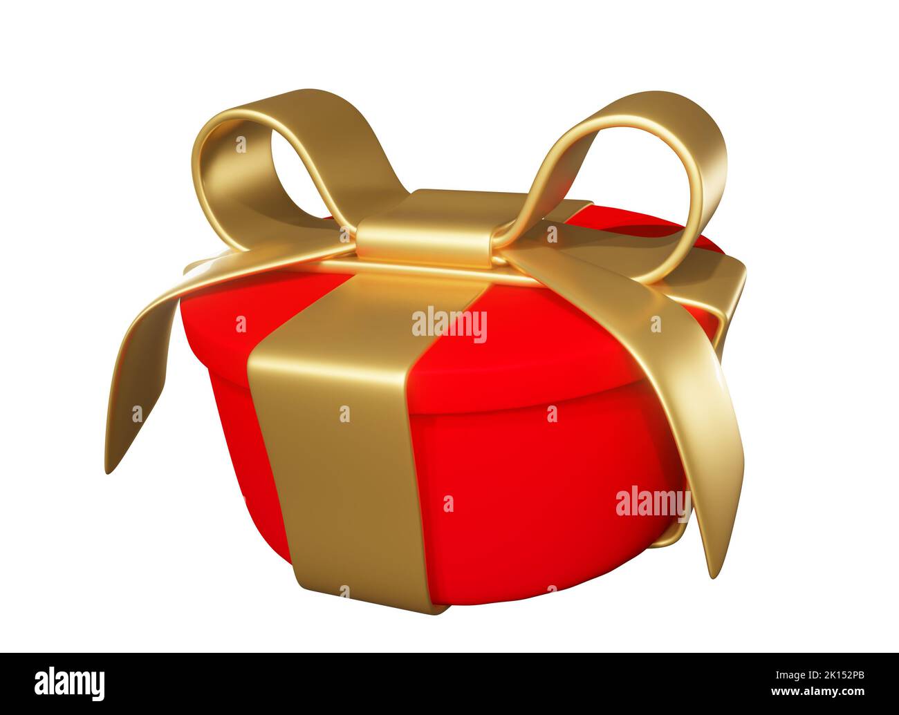 Realistic 3D Gift Red Box and Gold Bow on white. Stock Photo