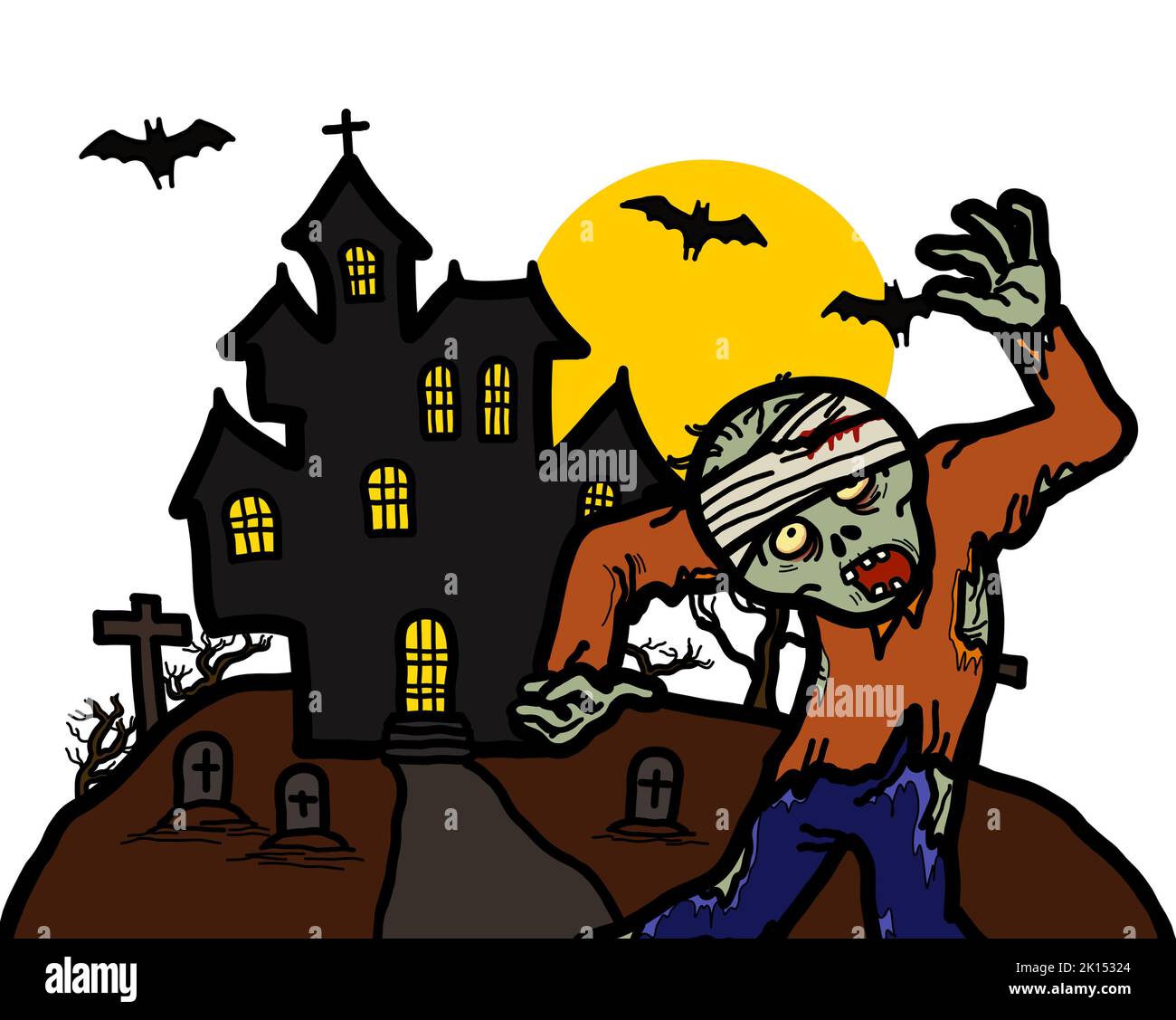 A zombie ghost walking with a halloween haunted house background. Scary frightening nightmare concept. Stock Photo