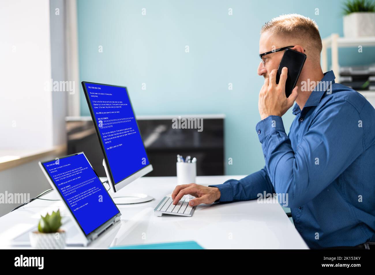 BSOD Blue Screen. Death Error On PC Computer. Service Call Center Contact Stock Photo