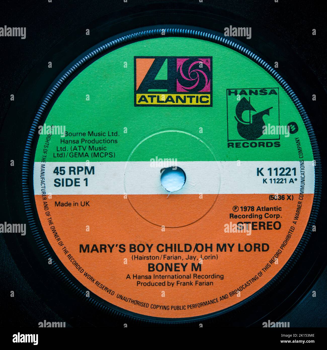 Detail of the label of the 1978 Christmas single Mary's Boy Child (Oh My Lord) by Boney M. Stock Photo