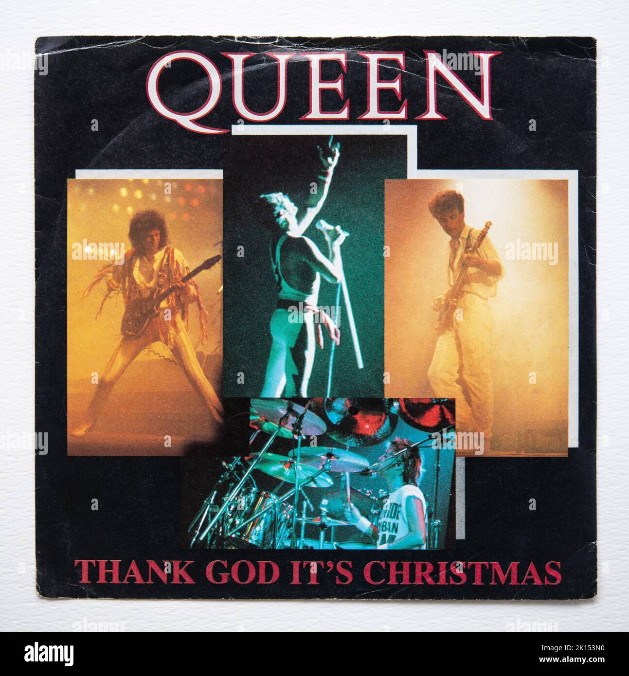 Seven inch vinyl picture cover version of the 1984 Christmas hit single Thank God It's Christmas by Queen. Stock Photo