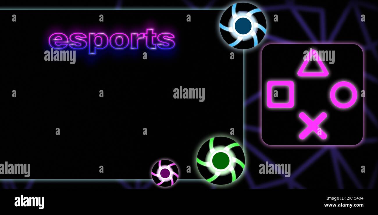 Illustrated background on the theme of computer games. English text: E Sport. 3 illustrated neon coloured computer fans. Polygon nets in the backgroun Stock Photo