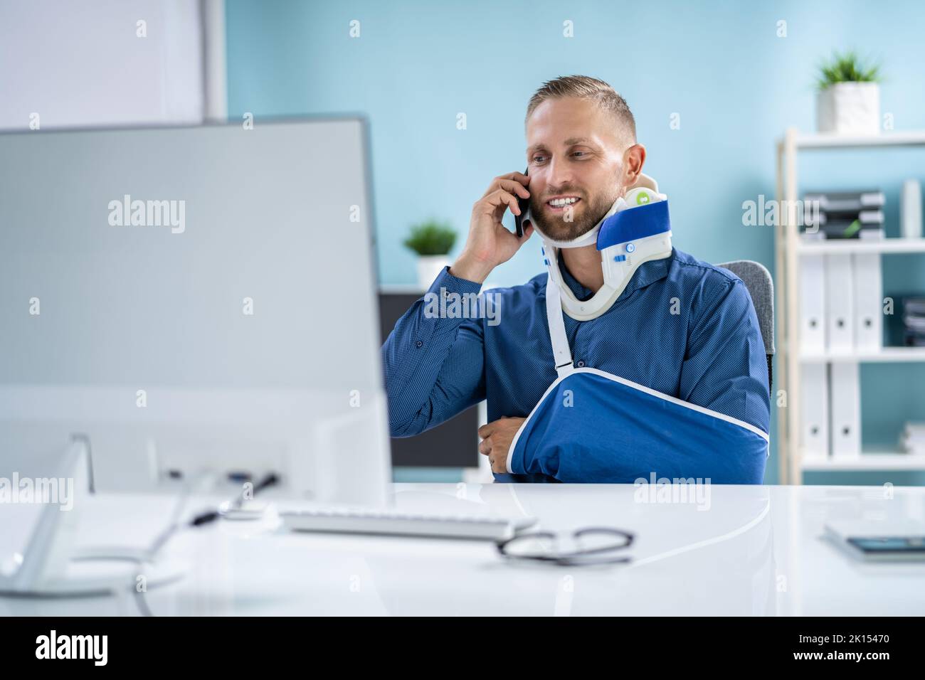Broken Arm Injury And Man Disability Accident In Office Stock Photo Alamy