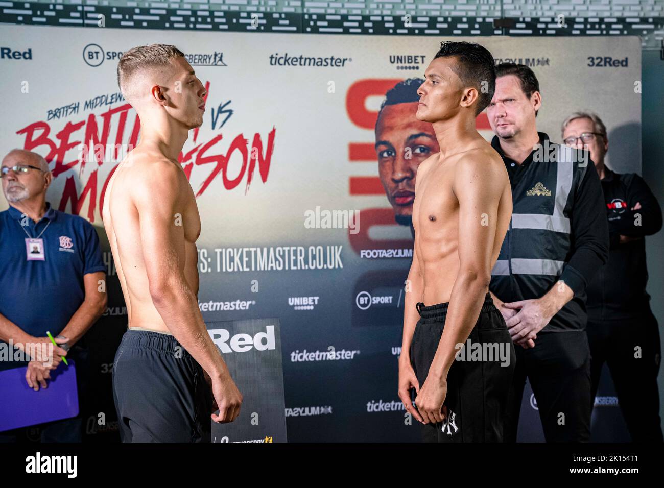 LONDON, UNITED KINGDOM. 15th Sep, 2022. Brayan Mairena (left) and Frank Arnold (right) face off during Frank Warren presents Bentley vs Morrison Official Weigh-In at Bethnal Green Town Hall Hotel on Thursday, September 15, 2022 in LONDON (Editorial use only, license required for commercial use. No use in betting, games or a single club/league/player publications.) Credit: Taka G Wu/Alamy Live News Stock Photo