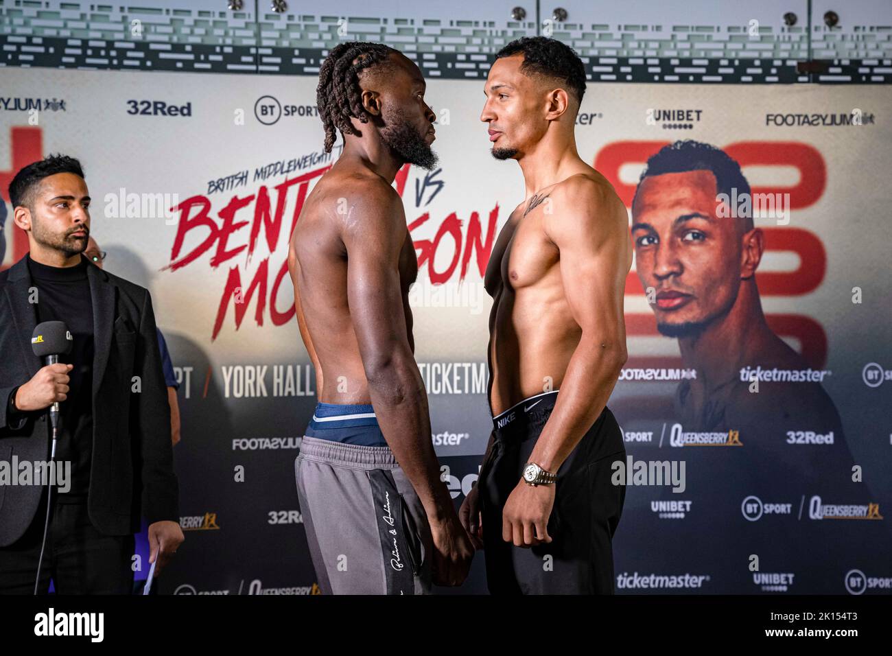 LONDON, UNITED KINGDOM. 15th Sep, 2022.Marcus Morrison (left) and Denzel Bentley (right) face off during Frank Warren presents Bentley vs Morrison Official Weigh-In at Bethnal Green Town Hall Hotel on Thursday, September 15, 2022 in LONDON (Editorial use only, license required for commercial use. No use in betting, games or a single club/league/player publications.) Credit: Taka G Wu/Alamy Live News Stock Photo