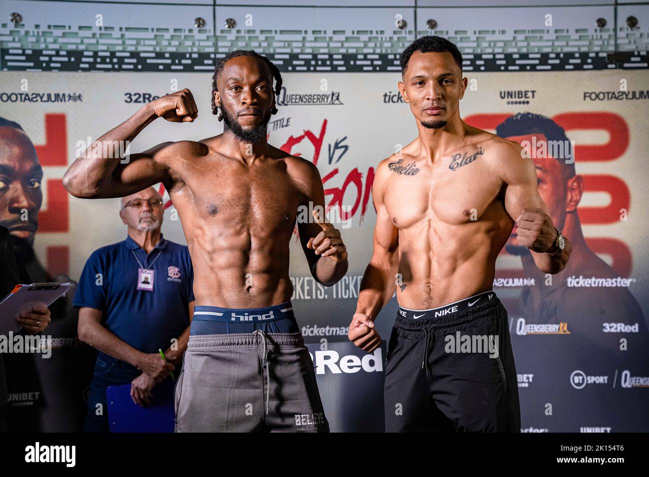 LONDON, UNITED KINGDOM. 15th Sep, 2022.Marcus Morrison (left) and Denzel Bentley (right) face off during Frank Warren presents Bentley vs Morrison Official Weigh-In at Bethnal Green Town Hall Hotel on Thursday, September 15, 2022 in LONDON (Editorial use only, license required for commercial use. No use in betting, games or a single club/league/player publications.) Credit: Taka G Wu/Alamy Live News Stock Photo