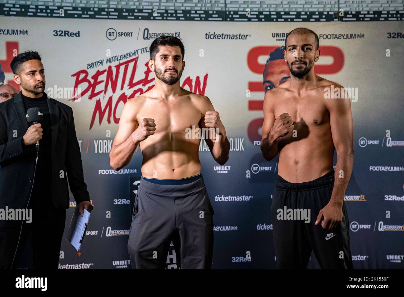 LONDON, UNITED KINGDOM. 15th Sep, 2022. Stefan Nicolae (right) and Masoud Adbullah (left) face off during Frank Warren presents Bentley vs Morrison Official Weigh-In at Bethnal Green Town Hall Hotel on Thursday, September 15, 2022 in LONDON (Editorial use only, license required for commercial use. No use in betting, games or a single club/league/player publications.) Credit: Taka G Wu/Alamy Live News Stock Photo