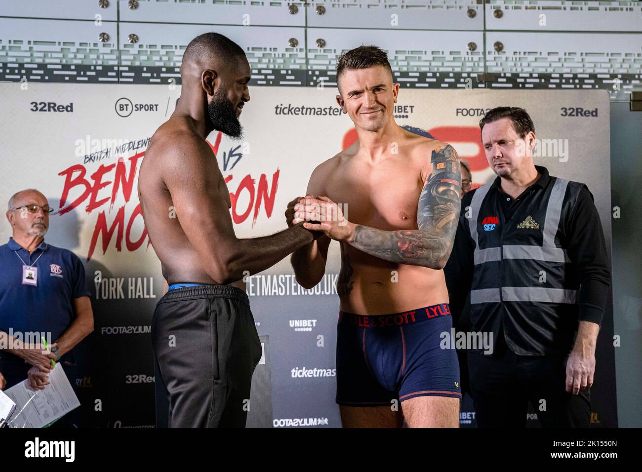 LONDON, UNITED KINGDOM. 15th Sep, 2022. Pawel Strykowski (right) and Arnold Obodai (left) face off during Frank Warren presents Bentley vs Morrison Official Weigh-In at Bethnal Green Town Hall Hotel on Thursday, September 15, 2022 in LONDON (Editorial use only, license required for commercial use. No use in betting, games or a single club/league/player publications.) Credit: Taka G Wu/Alamy Live News Stock Photo