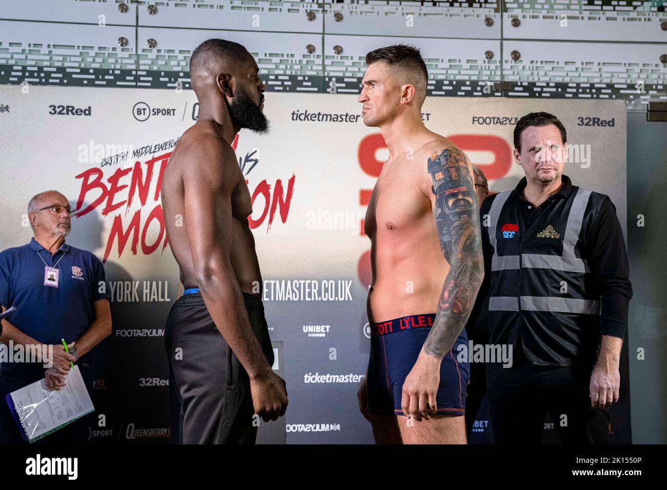 LONDON, UNITED KINGDOM. 15th Sep, 2022. Pawel Strykowski (right) and Arnold Obodai (left) face off during Frank Warren presents Bentley vs Morrison Official Weigh-In at Bethnal Green Town Hall Hotel on Thursday, September 15, 2022 in LONDON (Editorial use only, license required for commercial use. No use in betting, games or a single club/league/player publications.) Credit: Taka G Wu/Alamy Live News Stock Photo
