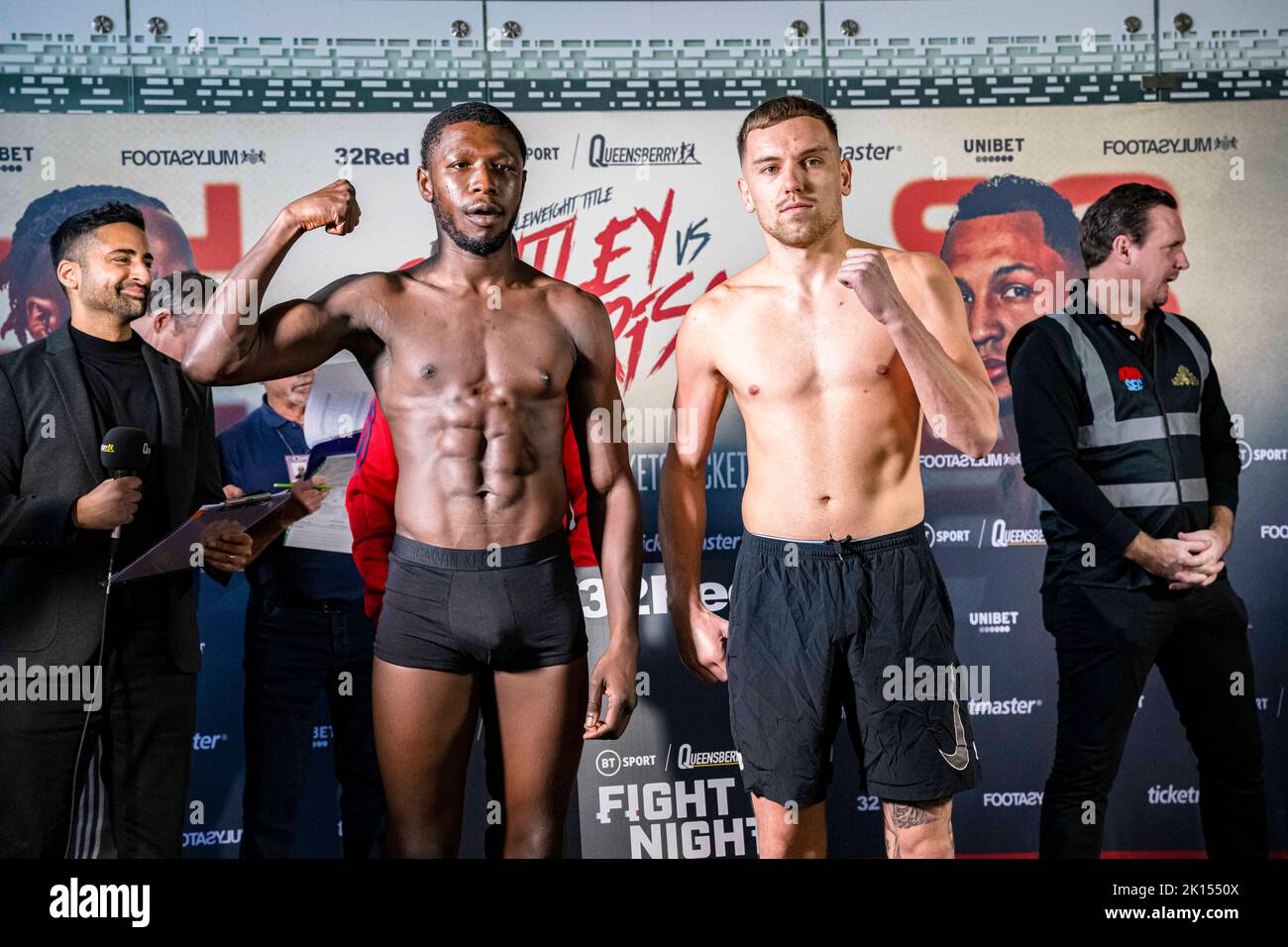 LONDON, UNITED KINGDOM. 15th Sep, 2022. Joe Hardy (right) and Joel Kodua (left) face off during Frank Warren presents Bentley vs Morrison Official Weigh-In at Bethnal Green Town Hall Hotel on Thursday, September 15, 2022 in LONDON (Editorial use only, license required for commercial use. No use in betting, games or a single club/league/player publications.) Credit: Taka G Wu/Alamy Live News Stock Photo