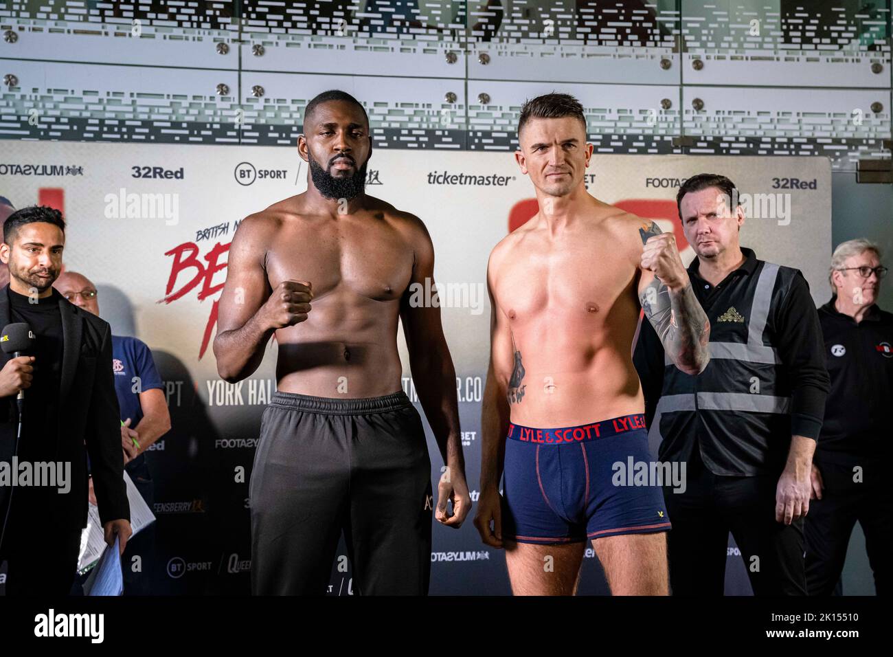 LONDON, UNITED KINGDOM. 15th Sep, 2022. Pawel Strykowski (right) and Arnold Obodai (left) face off during Frank Warren presents Bentley vs Morrison Official Weigh-In at Bethnal Green Town Hall Hotel on Thursday, September 15, 2022 in LONDON (Editorial use only, license required for commercial use. No use in betting, games or a single club/league/player publications.) Credit: Taka G Wu/Alamy Live News Stock Photo