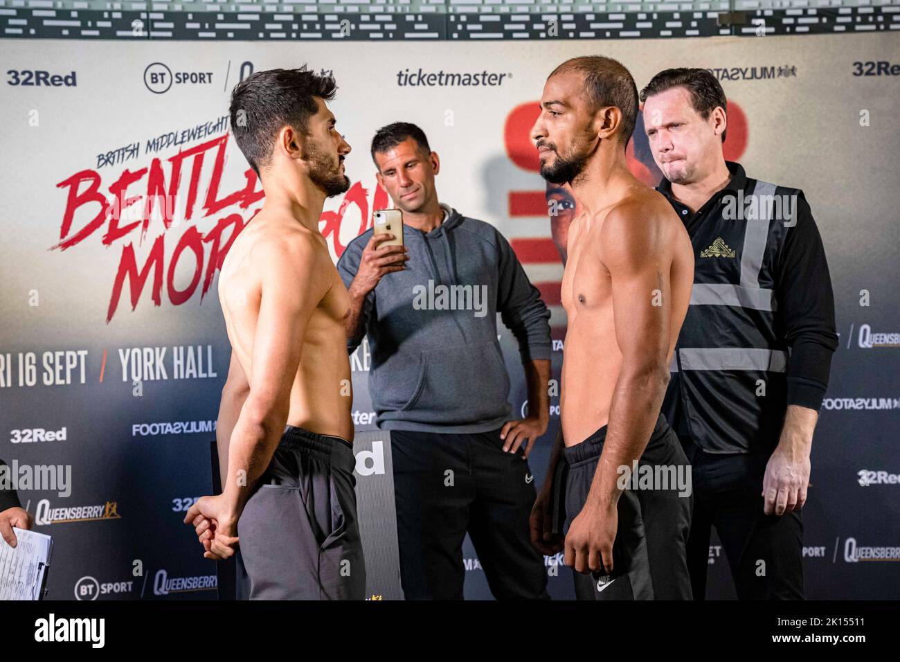 LONDON, UNITED KINGDOM. 15th Sep, 2022. Stefan Nicolae (right) and Masoud Adbullah (left) face off during Frank Warren presents Bentley vs Morrison Official Weigh-In at Bethnal Green Town Hall Hotel on Thursday, September 15, 2022 in LONDON (Editorial use only, license required for commercial use. No use in betting, games or a single club/league/player publications.) Credit: Taka G Wu/Alamy Live News Stock Photo