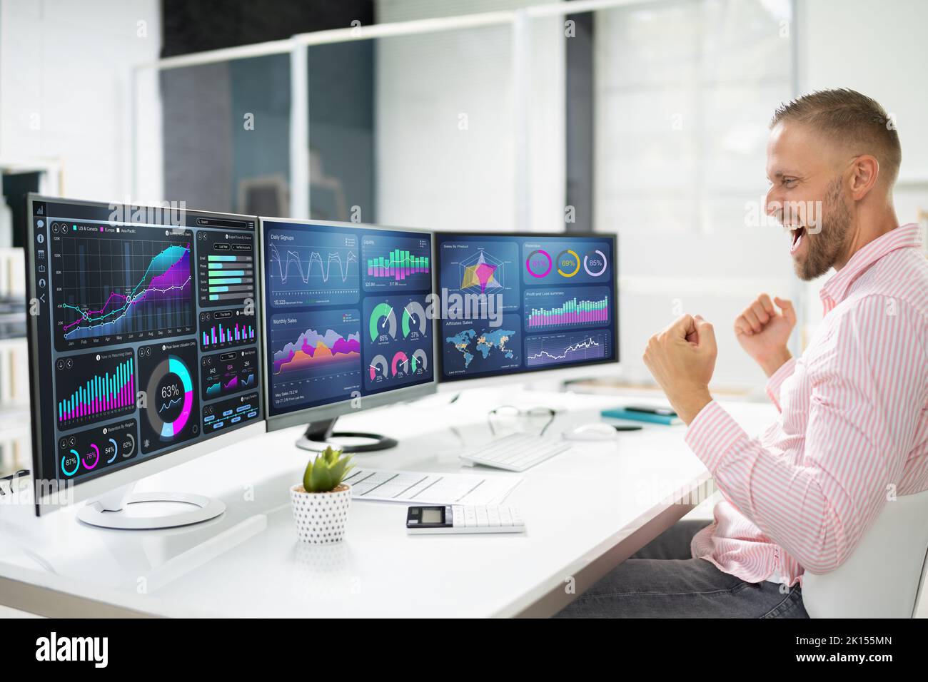 Excited Business Analyst Using Data Dashboard On Computer And Celebrating Win Stock Photo