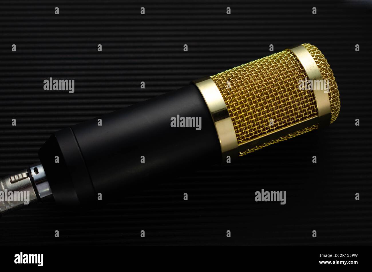 Professional Studio Condenser Microphone with Space for Type, Isolated on Black Background Stock Photo
