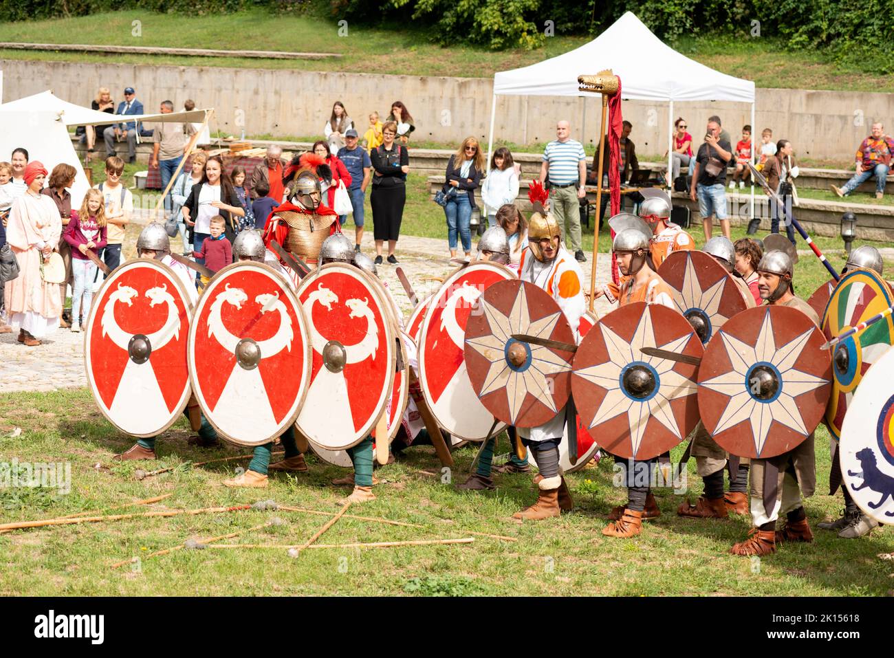 Reenactment of Roman battle and military manoeuvres with reconstructed weapons during the 'Serdica is my Rome' heritage festival in Sofia, Bulgaria, Eastern Europe, Balkans, EU Stock Photo