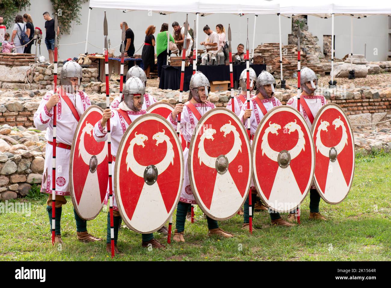Reenactment of Roman military manoeuvres during the 'Serdica is my Rome' heritage festival at the archaeological park 'West Gate of Serdica' in Sofia, Bulgaria, Eastern Europe, Balkans, EU Stock Photo