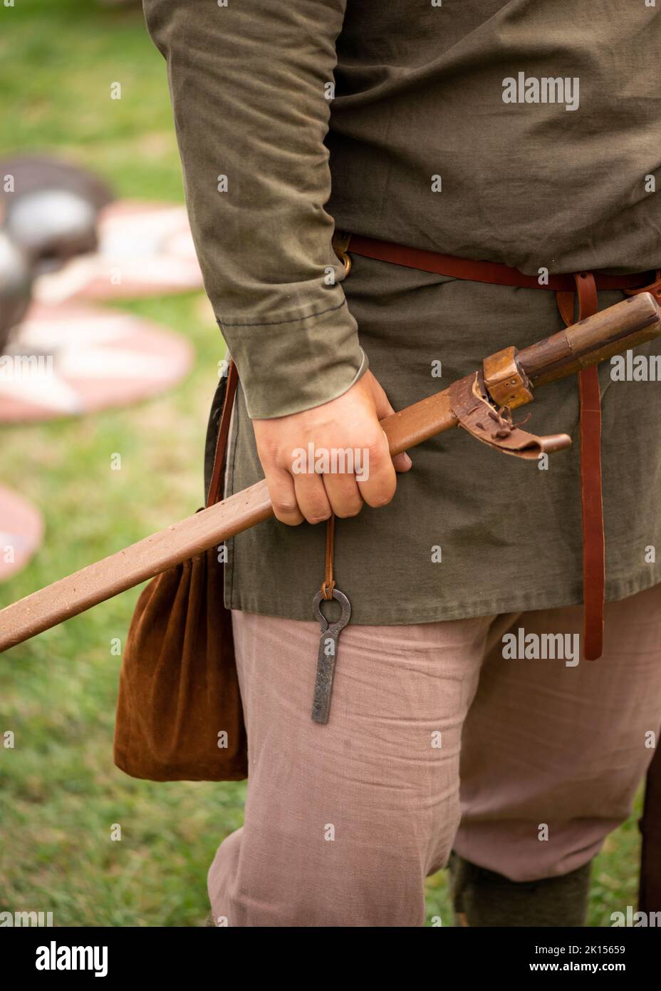 Reconstructed weapons on actors at a heritage festival reenactment of 4th Century Roman life Stock Photo