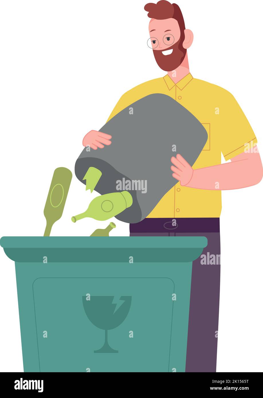 Man sorting trash. Person throwing glass waste in can isolated on white
