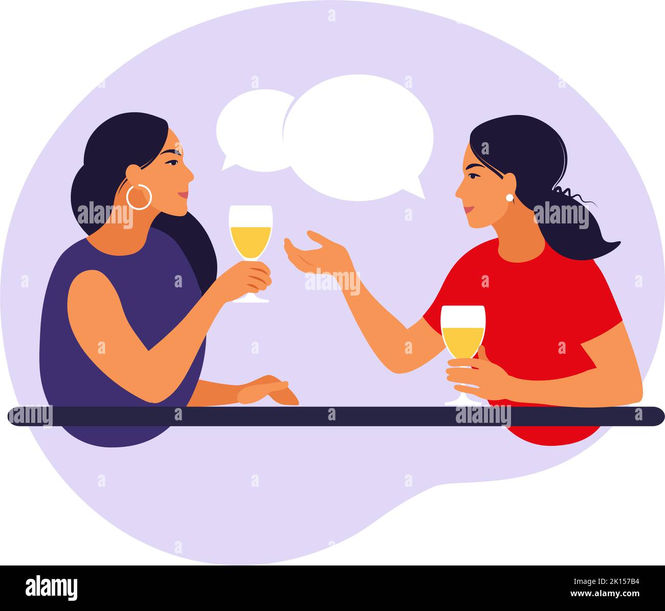 Friendly meeting women concept. Cheerful women sitting at table, talking, laughing, drinking wine. Vector illustration. Flat. Stock Vector