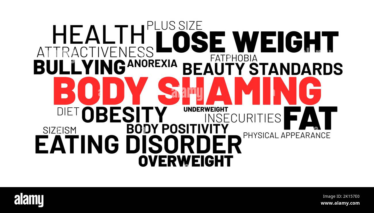 Body shaming - word cloud. Negative assault because of overweight, underweight, obesity, being fat and obese. Problem of body image, beauty standard a Stock Photo