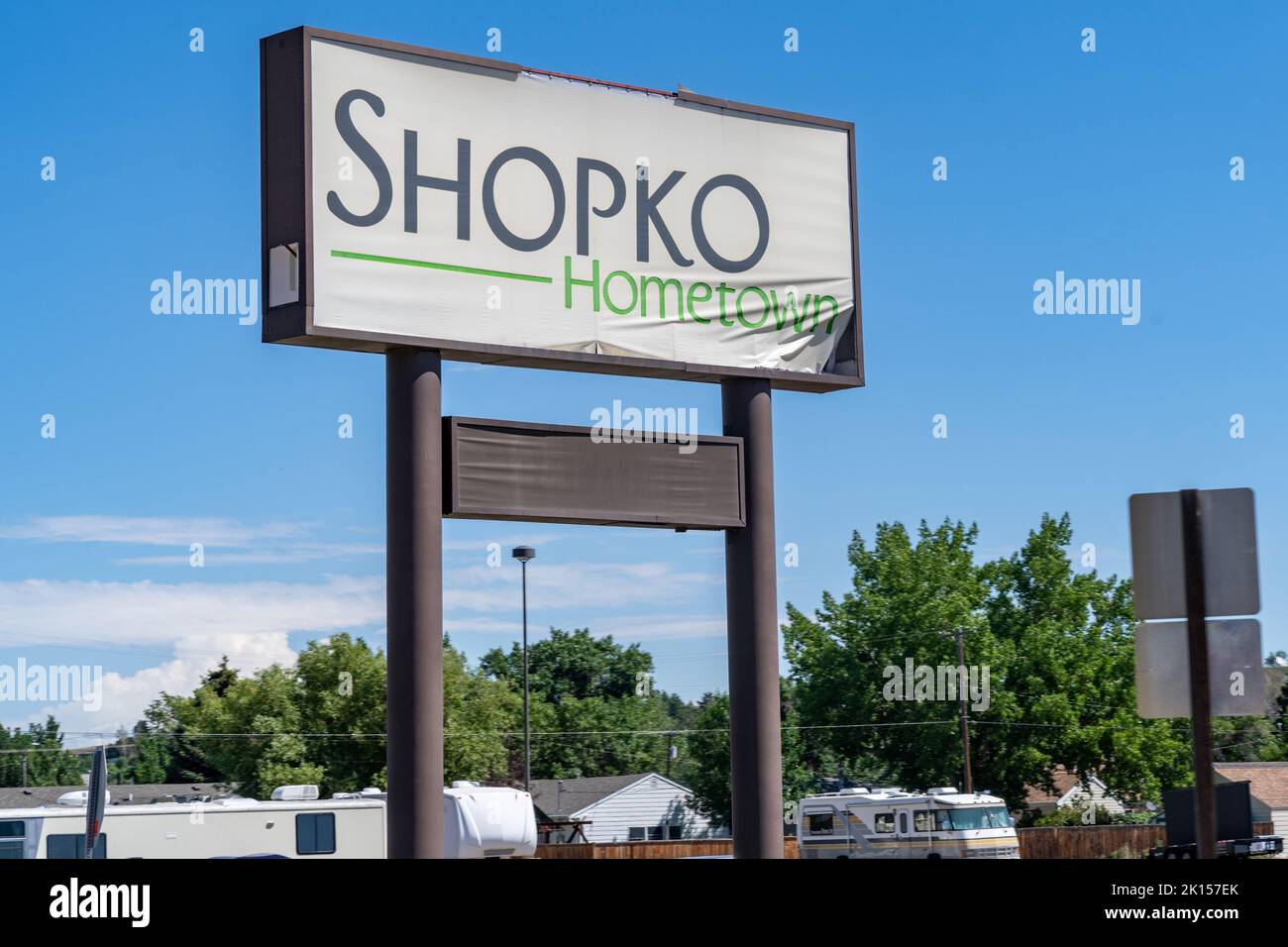 Glasgow, Montana July 2, 2022 Sign for a former Shopko store