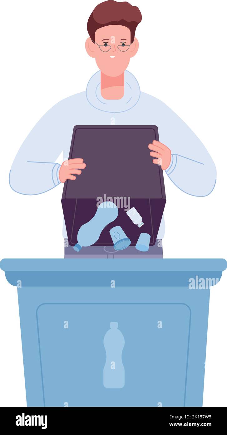 Boy throwing plastic waste. Trash sorting. Safe enviroment isolated on white background Stock Vector