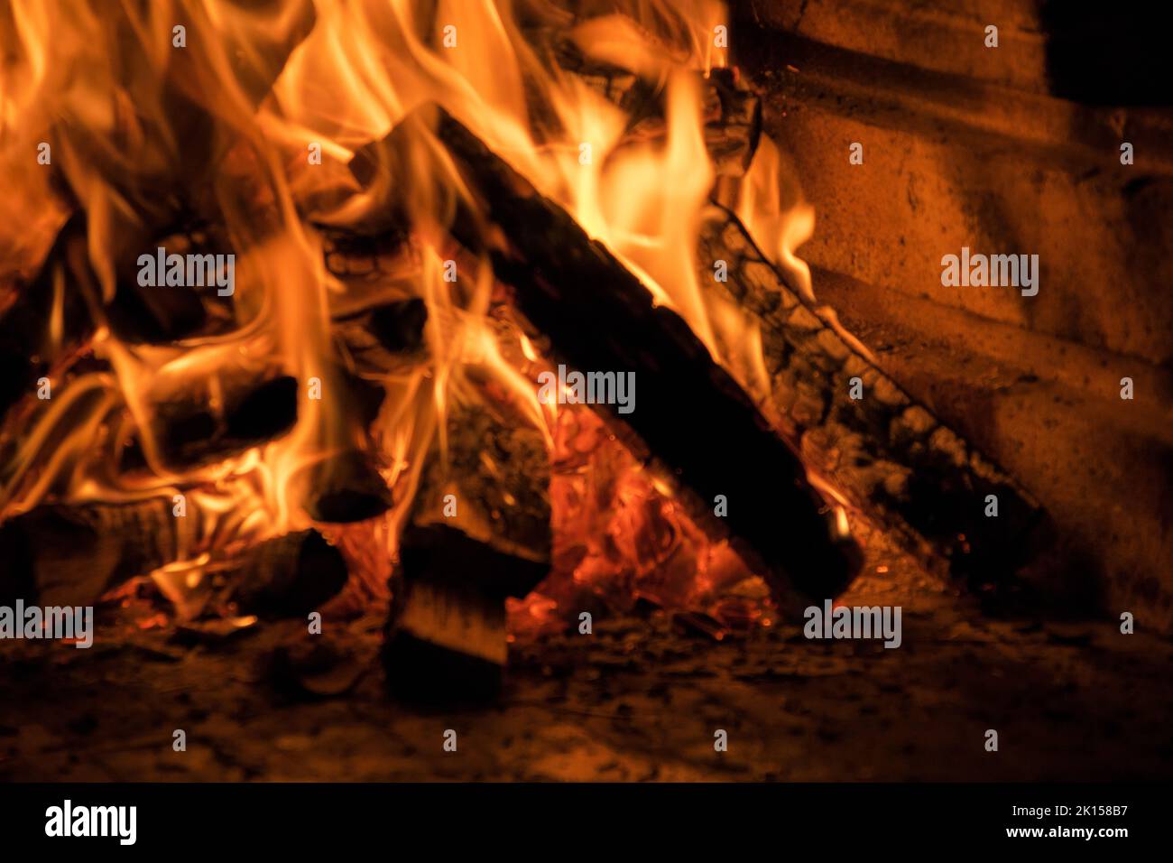 Wood burning in a bonfire. Great flames Stock Photo